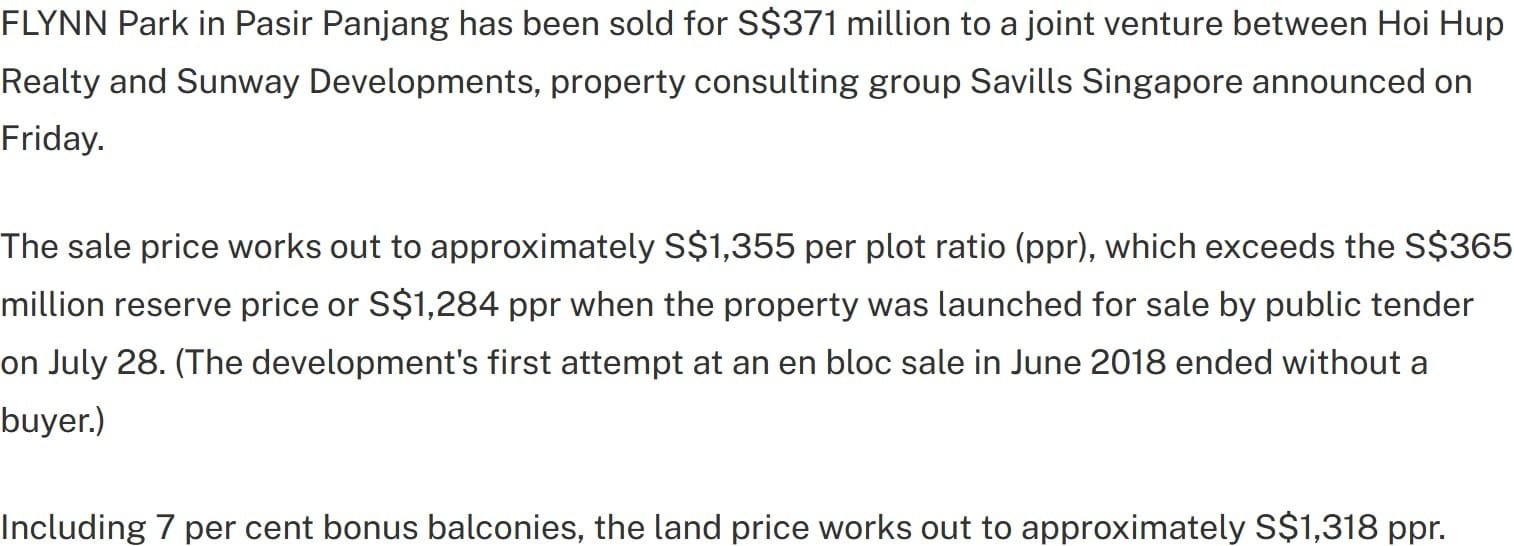Flynn Park sold en bloc for S$371m to Hoi Hup-Sunway joint venture